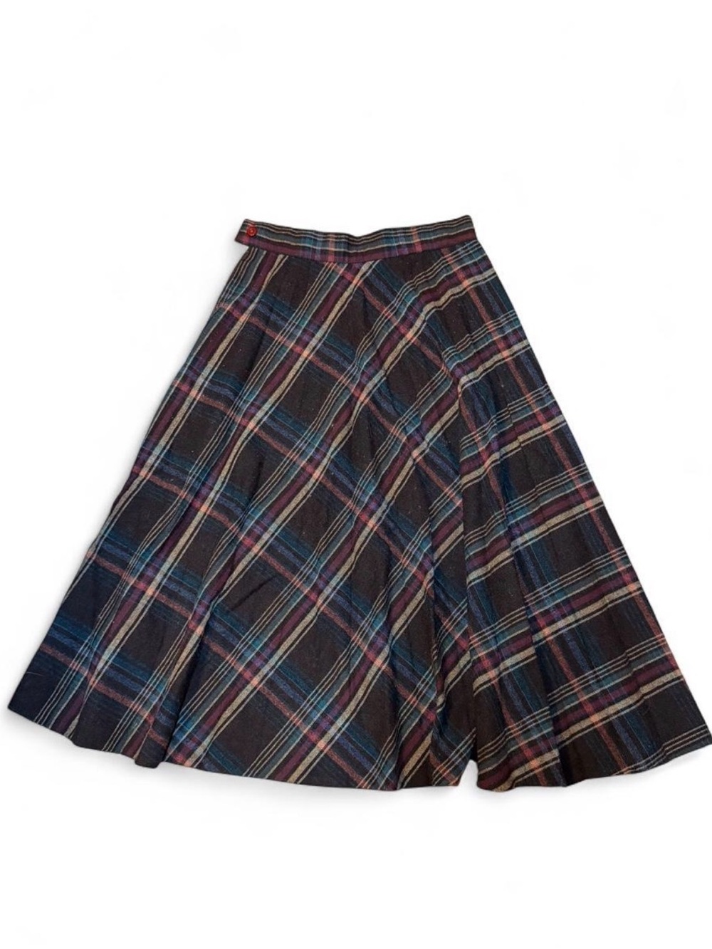 1960s Plaid A-Line Midi Skirt in Dark Multicolor